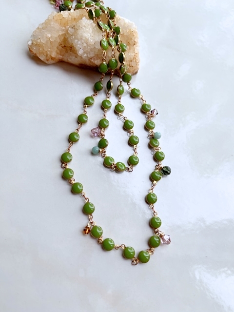 Amazonite, Austrian Crystal, Green Enamel Chain Necklace